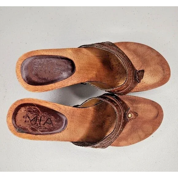 Vintage 90s y2k Bratz MIA Brown Leather Wood Sole Slides Heeled Sandals 7 EUC - Picture 5 of 8